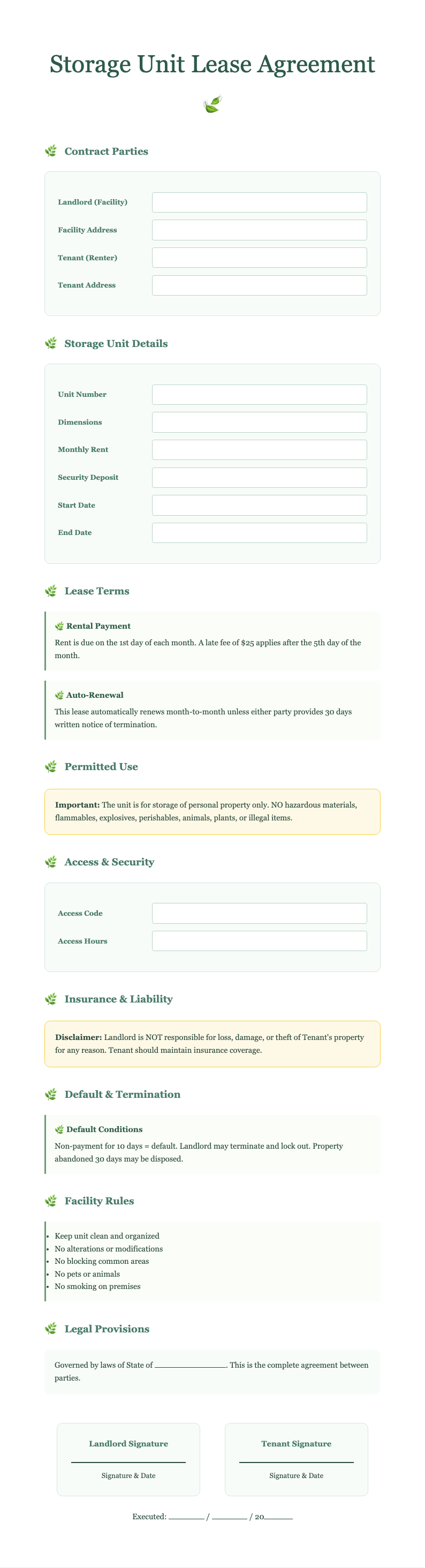 Botanical nature storage unit lease agreement